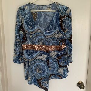 Blue Paisley Women's Top with Sequin Detail